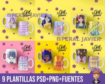 Dia de la Mujer / Plantillas Digitales para tazas 9 PSD + PNG + FUENTES