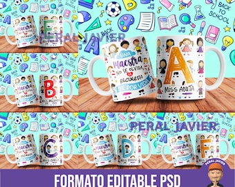 Diseños para tazas Dia del Maestro Editables PSD , Dia del maestro plantillas taza SUBLIMACION ABC