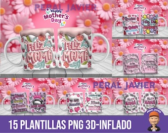 Pack 15 Plantillas Sublimacion efecto 3d Tazas, Feliz Dia Mamá - dia de las madres, PNG