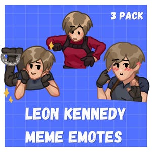 May include: A 3 pack of digital stickers featuring cartoon illustrations of Leon Kennedy in various poses. The character has light brown hair and wears dark clothing. The text reads 3 PACK, LEON KENNEDY, and MEME EMOTES on a blue grid background.