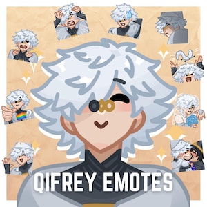 Peut inclure: Une illustration numérique représentant un personnage central aux cheveux blancs avec un cache-œil doré, entouré de plusieurs petits autocollants émotifs du même personnage. Le texte QIFREY EMOTES est écrit en lettres capitales blanches en bas.