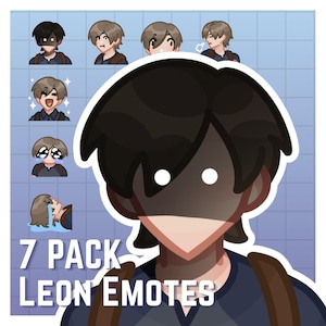 Może przedstawiać: Zestaw ilustracji cyfrowych zawierający 7 pack Leon emotes, przedstawiający postać z ciemnobrązowymi włosami w różnych wyrazach twarzy, w tym śmiech, płacz i zacienioną twarz, na jasnoniebieskim tle w kratkę z białym tekstem.