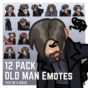 May include: A digital art graphic featuring a collection of 12 "Old Man Emotes" with various expressions. The emotes depict a character in a black coat, with text that reads "YES HE'S BACK".