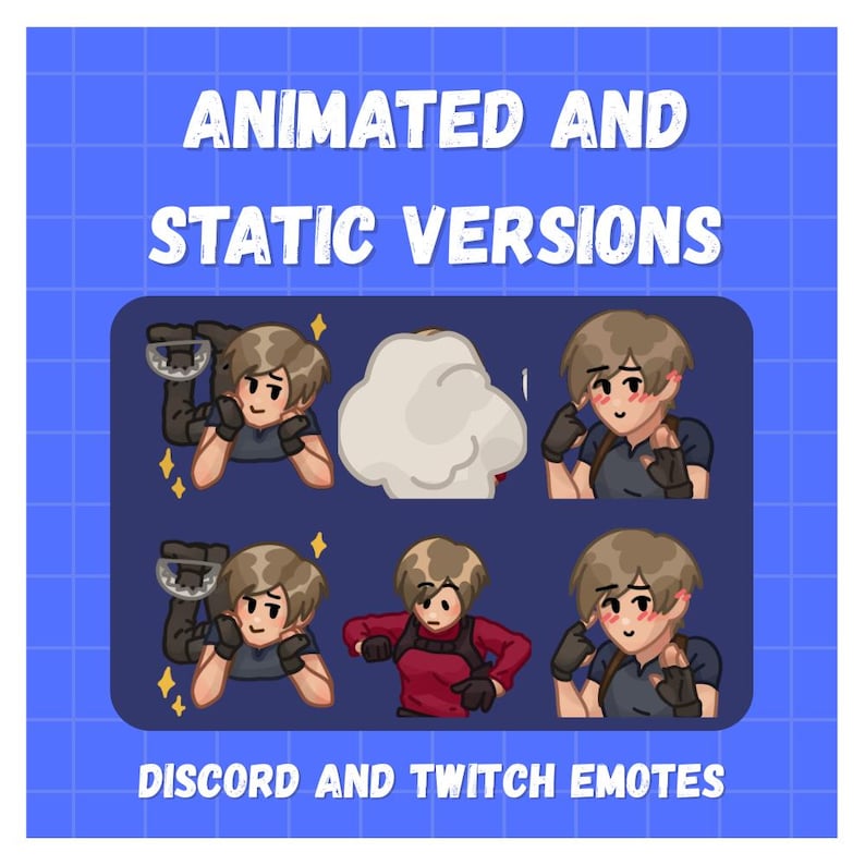 May include: A collection of digital character emotes featuring a person with short brown hair in various poses, including resting, gesturing, and a cloud icon. The text reads ANIMATED AND STATIC VERSIONS and DISCORD AND TWITCH EMOTES on a blue grid.