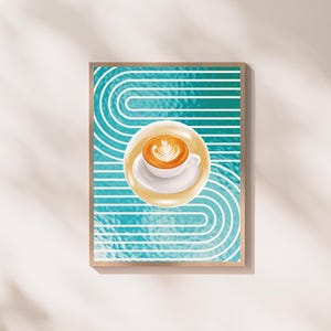 Latte Serenity Modernes Abstraktes Kaffee Poster Minimalist Café Wand Kunst Ästhetisches Retro Espresso Poster Türkis Gold Beige Geometrisches Dekor