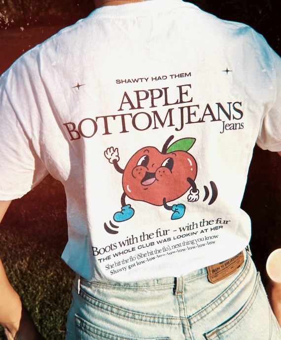 White Cotton T-Shirt with Retro Apple Design | Funny Apple Bottom Jeans Graphic Tee | Flo Rida Shirt | Quirky Vintage Fruit Tee | 90’s Vibe