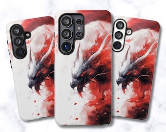 May include: Three smartphone cases featuring a dynamic illustration of a dragon with white, black, and vibrant red colors. The design showcases a sharp-featured dragon head with glowing red eyes, set against a white background with red paint splatters.