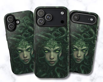 May include: Three black smartphone cases featuring a dark green graphic illustration of a woman with glowing green eyes and snakes for hair. The design displays a detailed portrait of a mythical figure with intertwined serpents surrounding the face.