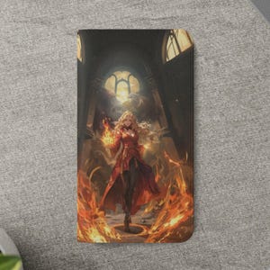 Fire Sorceress Wallet Case Flame Magic Art iPhone 16 15 14 13 12 11 Samsung Galaxy S25 S24 S23 S22 S21