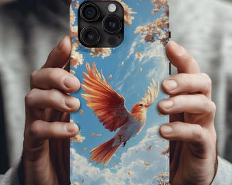 Autumn Bird Flight iPhone Case Orange Cardinal Flying Blue Sky Fall Foliage Art for iPhone 17 16 15 14 13 12 11 X 8 Pro Max Plus Mini