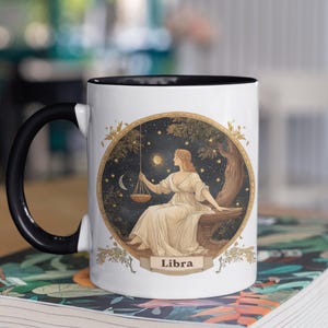 Libra Vintage Mug | Justice Goddess Art | Black Interior Zodiac Cup | Astrology Gift