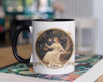 Tasse vintage Balance | Déesse de la justice Art | Coupe intérieure noire du zodiaque | Cadeau astrologie