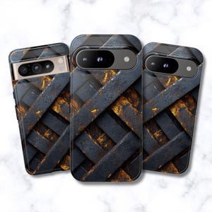 May include: Three smartphone cases featuring a dark, textured, industrial pattern of overlapping metal bars with weathered, rusted orange and gold accents. Each case displays a prominent horizontal camera bar cutout across the upper section.