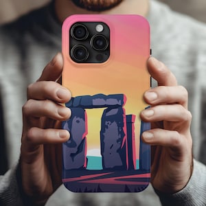 Stonehenge Sunset Illustration iPhone Case Pink Orange Sky Ancient Monument Vector Art for 17 16 15 14 13 12 11 X 8+