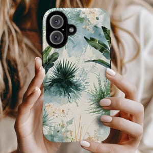 Tropical Botanical Watercolor iPhone Case Jungle Leaves Art for iPhone 16 15 14 13 12 11 X 8 Pro Max Plus Mini XR XS