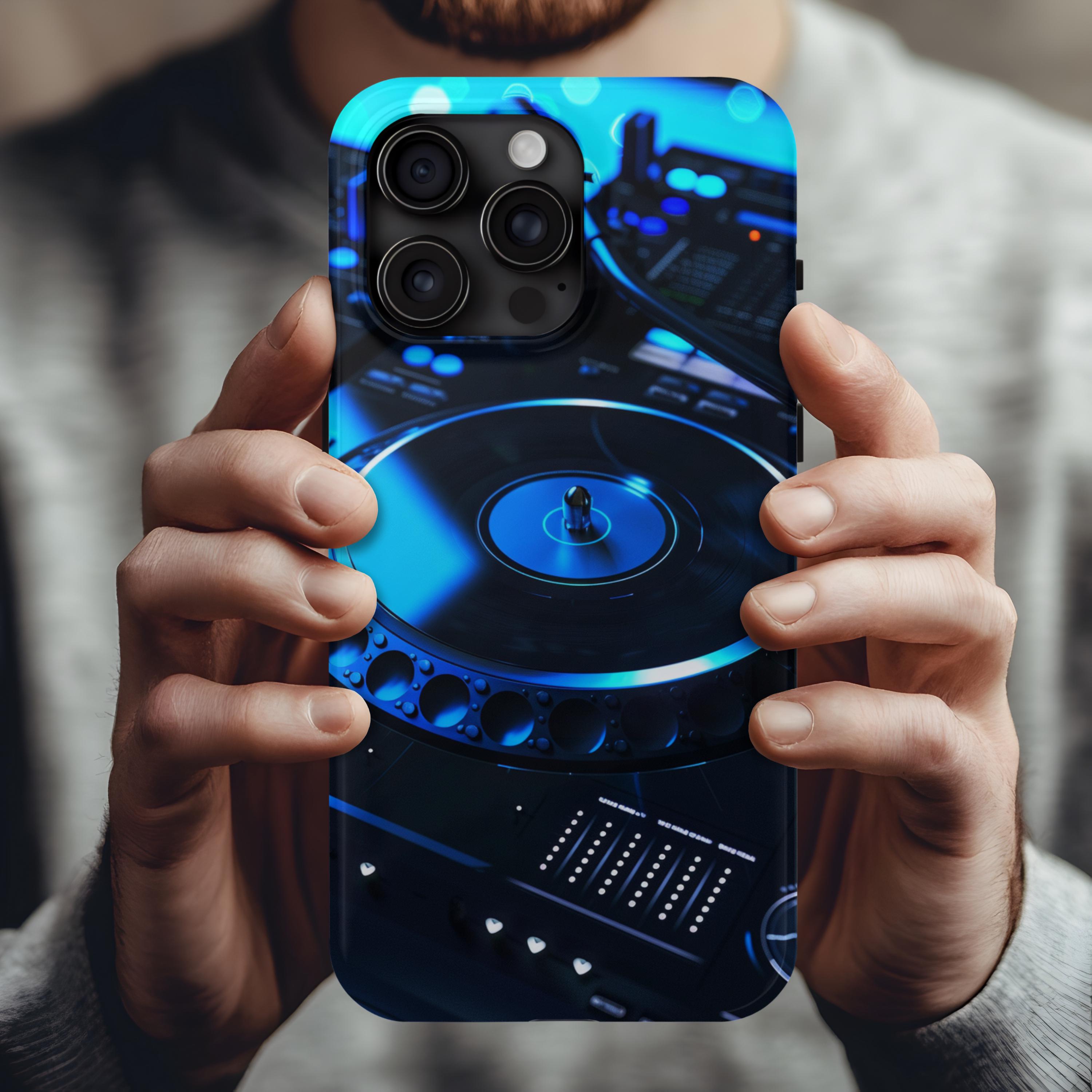 DJ Equipment iPhone Case, Neon Blue Turntable Music Mixer Design