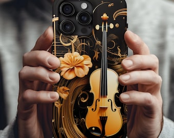 Golden Violine iPhone Hülle, elegantes klassisches Musikinstrument Blumenmuster, stoßfester Schutz für iPhone 17-16-15-14-13-12-11-X-8