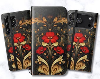 Ornate Red Gold Floral Wallet Case | Leather Folio Card Holder Cover | Damask Flip Book Stand Case for iPhone 17 Samsung Galaxy S25