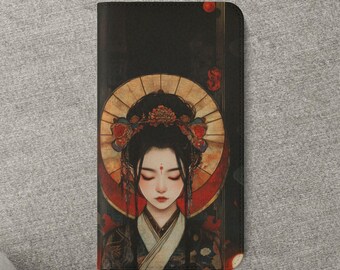 Amaterasu Traditional Geisha Wallet Case Japanese Art Red Halo iPhone 16 15 14 13 12 11 Samsung Galaxy S25 S24 S23 S22 S21