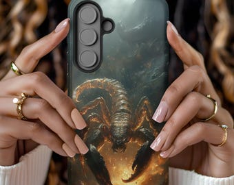 May include: A phone case featuring a detailed illustration of a scorpion with a fiery, orange and brown color scheme. The case has a dark background with a three-lens camera cutout.