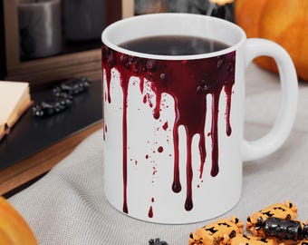 Dripping Blood Mug | Halloween Horror Coffee Cup | Zombie Apocalypse Gift | Spooky Wrap-Around Design | Goth Drinkware