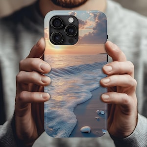 Serene Beach Sunset iPhone Case Ocean Waves Seashells Golden Hour Art for iPhone 17 16 15 14 13 12 11 X 8 Pro Max Plus Mini XR