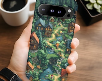 Gemütliche RPG-Dorf Google Pixel Hülle | Retro Art Forest Town Gaming für 10 Pro bis 6 | Gamer Geschenk