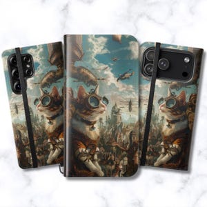 Funda tipo cartera Steampunk Sky Captain Cat para iPhone y Samsung Galaxy / Diseño de dirigible con gafas de latón / Tarjetero con tapa abatible / Piel vegana