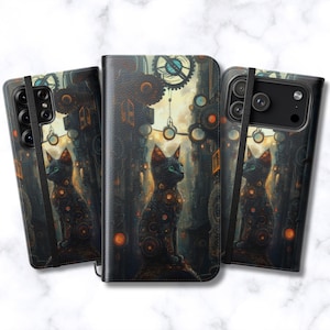 May include: Three black phone cases featuring a digital illustration of a cat with glowing orange circular patterns on its fur, set against a dark, mechanical background with gears and hanging circular elements, secured by a thin black elastic band.