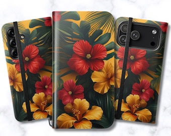 Hibiscus Flower Folio Wallet-hoesje voor iPhone 17-11 en Samsung Galaxy | Flip Cover Kaarthouder Boekstijl | Veganistisch imitatieleer