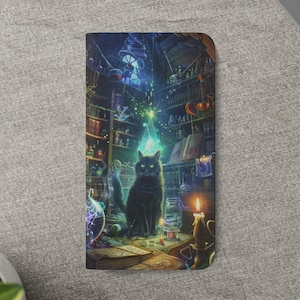 May include: A phone case featuring a detailed illustration of a black cat in a magical library setting. The artwork includes bookshelves, glowing orbs, candles, and a mystical atmosphere with vibrant blues and greens.