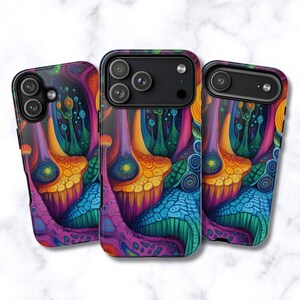 May include: Three phone cases with a vibrant, psychedelic design. The cases feature a colourful, abstract pattern with shades of purple, blue, orange, and green. The design appears to be a stylized, organic form. The cases have black camera housings.