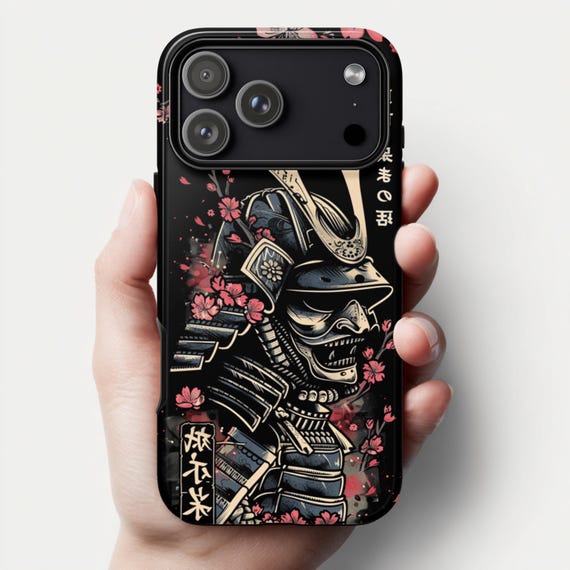 Samurai Cherry Blossom iPhone Case | Black Red Skull Japanese