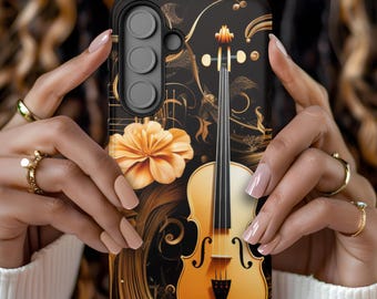 Golden Violin Galaxy Hülle, elegantes klassisches Musikinstrument Blumenmuster, stoßfester Schutz für Samsung S25-S24-S23-S22-S21-S20-S10
