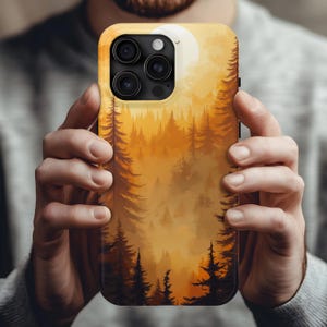 Custodia per iPhone Sunset Pine Forest, Luna Autunnale e Natura per iPhone 16, 15, 14, 13, 12, 11, X, 8 Pro Max Plus, Mini XR XS