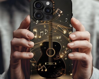 Acoustic Guitar iPhone Case, Black & Gold Musical Notes, Musician