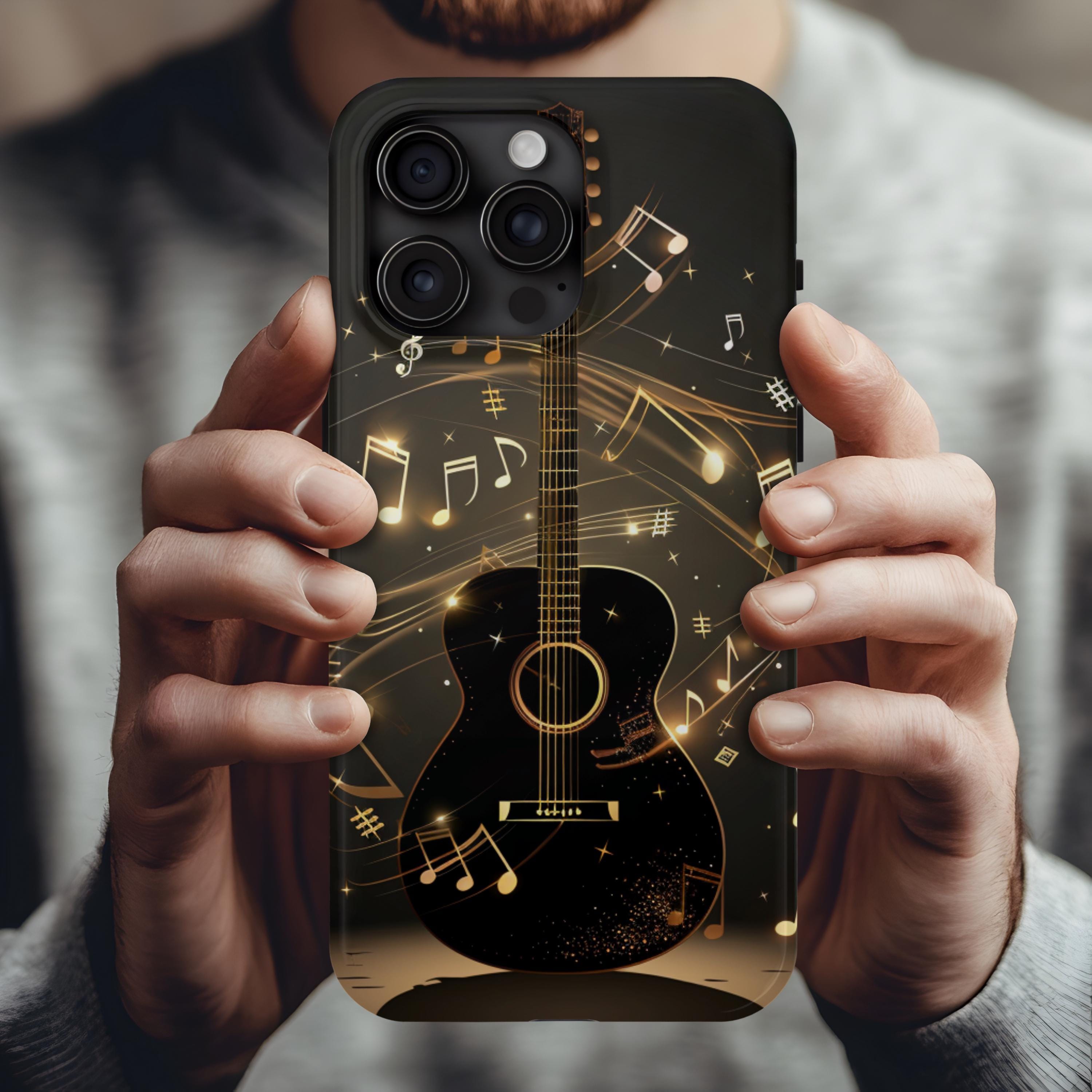 Acoustic Guitar iPhone Case, Black & Gold Musical Notes, Musician