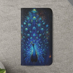 Cosmic Peacock Wallet Case Mystical Blue Bird Galaxy Art iPhone 16 15 14 13 12 11 Samsung Galaxy S25 S24 S23 S22 S21