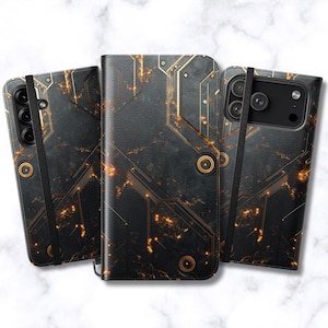 Gilded Circuit Marble Folio Plånboksfodral för iPhone och Samsung Galaxy | Svartguld Lyxig Tech Art | Flipfodral med korthållare | Veganskt läder