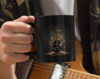 Golden Guitar Mug | Music Notes Coffee Cup | Acoustic Guitar Gift | Black Ceramic Mug | Musician Present | Guitarist Gift