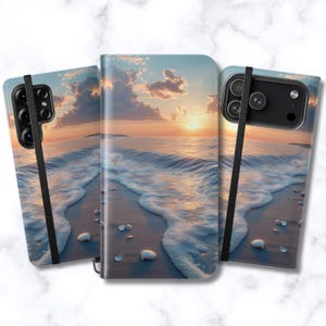 Serene Beach Sunset Folio Wallet Case for iPhone & Samsung Galaxy | Ocean Waves Art | Flip Cover Card Holder | Faux Vegan Leather