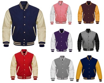 Unisex Letterman Baseball Wool Varsity Jackets, Men's Varsity Jacket, Women Varsity Jacket Varsity Bomber Jacket Tan Leather Sleeves Size