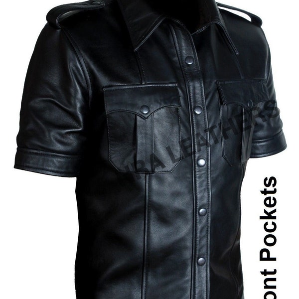 Chemise en cuir véritable pour homme, uniforme de police, chemise à manches courtes pour homme, style militaire chaud BLUFF, chemise/vestes gays, cadeau pour lui, taille