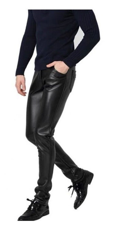 Black Mens Leather Jeans Pants