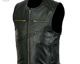 Chalecos de cuero real para hombre Chaleco estilo motociclista Cuero de piel de barco genuino para hombre Motocicleta 4 bolsillos cortados Chaleco hecho a medida Bluff Black Siz