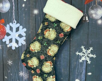 Calcetín navideño vintage de Papá Noel - Calcetín navideño clásico con caras de Papá Noel y puño blanco