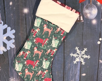 Calza di Natale trapuntata per cani, calza verde fatta a mano per le feste, con polsino in peluche, calza grande per amanti degli animali, graziosa decorazione natalizia per cani