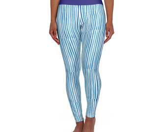 Blue Watercolor Stripe High Waisted Yoga Leggings | All-Over Print