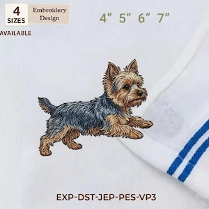 May include: An embroidered Yorkshire Terrier dog in brown, black, and tan. The design is on a white background with size options: 10 cm, 13 cm, 15 cm, and 18 cm. The text "Embroidery Design" is also present.