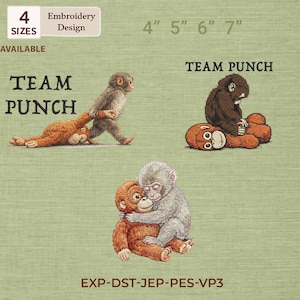 Può includere: Un disegno per ricamo con tre illustrazioni di scimmie. Una scimmia tira un'altra per il braccio, un'altra è seduta su un peluche e una terza abbraccia un peluche. Il testo "TEAM PUNCH" è visualizzato.